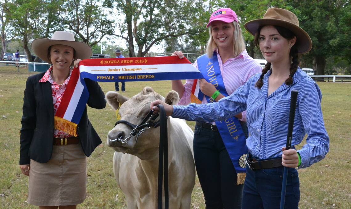Junior champion female British breed in the beef cattle section at the Nowra Show was Nowra High entry Woolaringa Leane M21 shown by Emelia Collison-Gates. Judge Annika Whales and 2018 Showgirl winner Sammy Spark present the ribbon.