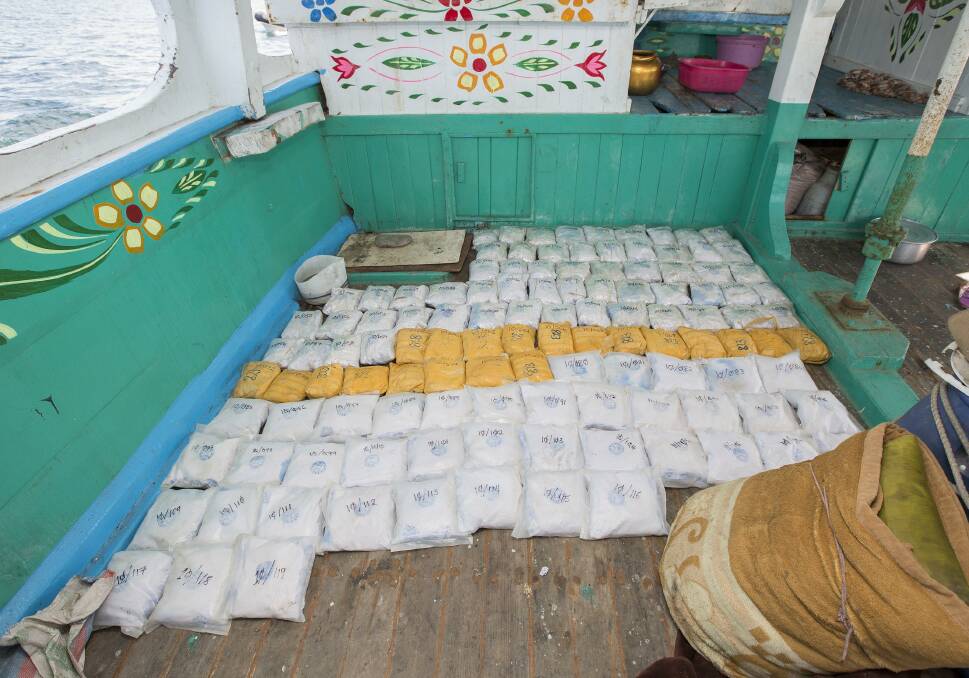 Approximately 132 kilograms of heroin found onboard a dhow during a boarding operation conducted by HMAS Warramunga. Photo: Tom Gibson