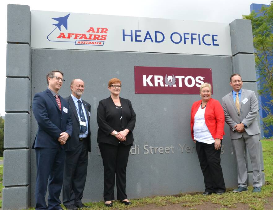 Minister for Defence Senator Marise Payne and Gilmore MP Ann Sudmalis with Air Affairs CEO Chris Sievers and representatives of Kratos which also has a home in the new complex.
