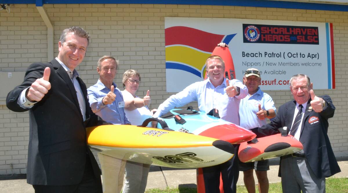 Shoalhaven Ex-Servicemen’s Club CEO Bernie Brown (left) and club president Kevin Duffy (far right) present the new boards to Shoalhaven Heads Surf Life Saving Club life member Clyde Poulton, admin officer Nicky Pride, club president Karl Poulton and club captain and life member David Schofield.