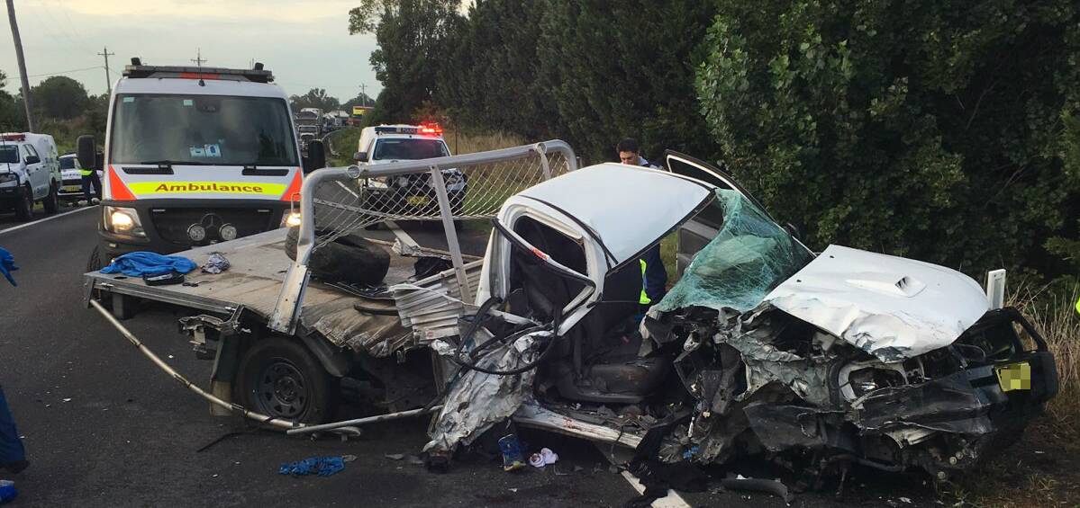 The driver of a ute has been transported to Wollongong Hospital in a serious condition suffering multiple limb fractures, lacerations along with pelvic and abdominal injuries after his vehicle collided with a bus on the Princes Highway at Jaspers Brush just after 6am. Photo: Supplied