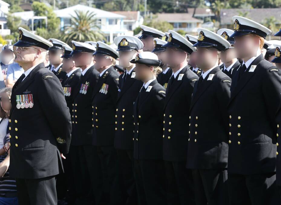 Warrant Officer Ian Duncan Harrison in front of fellow officers at an Anzac Day services at Huskisson. Photo: Defence