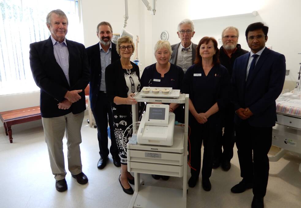 At the hand over of the CTG machine for obstetrics were (from left) anaesthetist Dr Warren Bruce representing the SMA, acting Director of Nursing and Midwifery and Operations Manager Critical Care Brad Scotcher, Julie Hoolahan, Clinical Nurse Specialist Maternity Department Wendy Kuzlea, retired obstetrician and former member of SMA, Dr Ian Hoult, Midwifery Unit Manager Beverley Thomas, retired obstetrician and former member of SMA, Dr Phillip Paris Brown and head of Obstetrics and Gynaecology SDMH Dr Joseph Johnson.