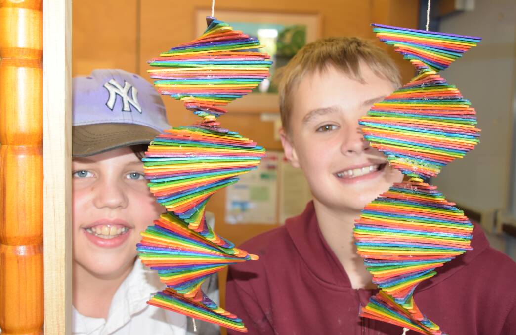 LOOKING GOOD: Jaidyn Monahan and Damon Jeffress with their paddle pop stick spinners at the Nowra Public School's first annual Kidpreneur Market Challenge.