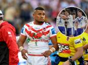 Moses Suli's Anzac Day outing lasted less than a minute after suffering a concussion off the kickoff. Jackson Topine (inset) has launched legal action against his former club Canterbury. 