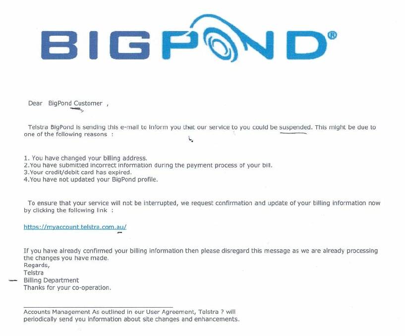 Phishing Telstra’s BigPond: Fraudulent email warning