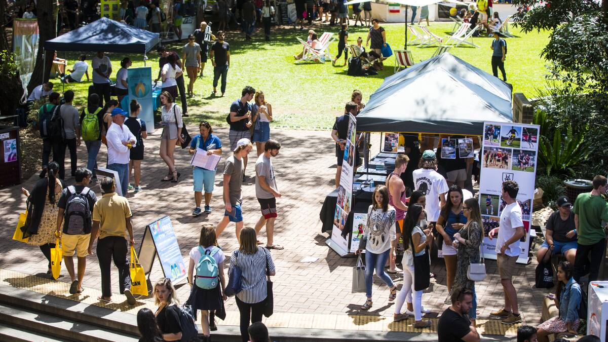Students at 2017's O-Week, wandering around various festival-style stalls, picking up free swag and signing up to clubs. Picture: Paul Jones, UOW Media