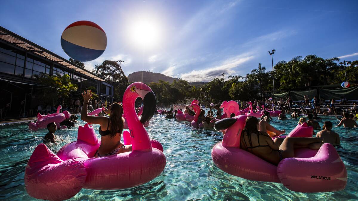 Students floating around on giant flamingos at the Pool Party. Picture: Paul Jones, UOW Media