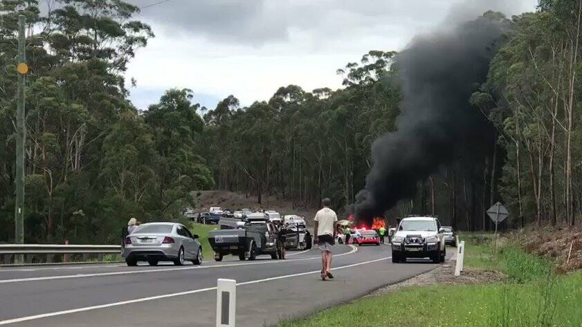 The cars exploded at the scene of the Princes Highway crash near Bendalong. Picture: 7 News Sydney, Twitter.