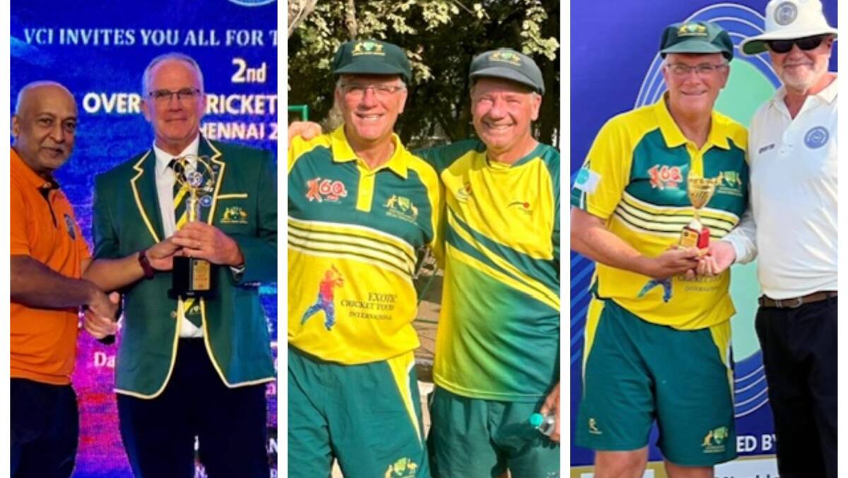 Tony Panecasio receiving his bowler of the tournament medal, pictured with Australian captain Peter Jensen and being congratulated by the umpire after his heroics in the World Cup final in Chennai. Pictures supplied