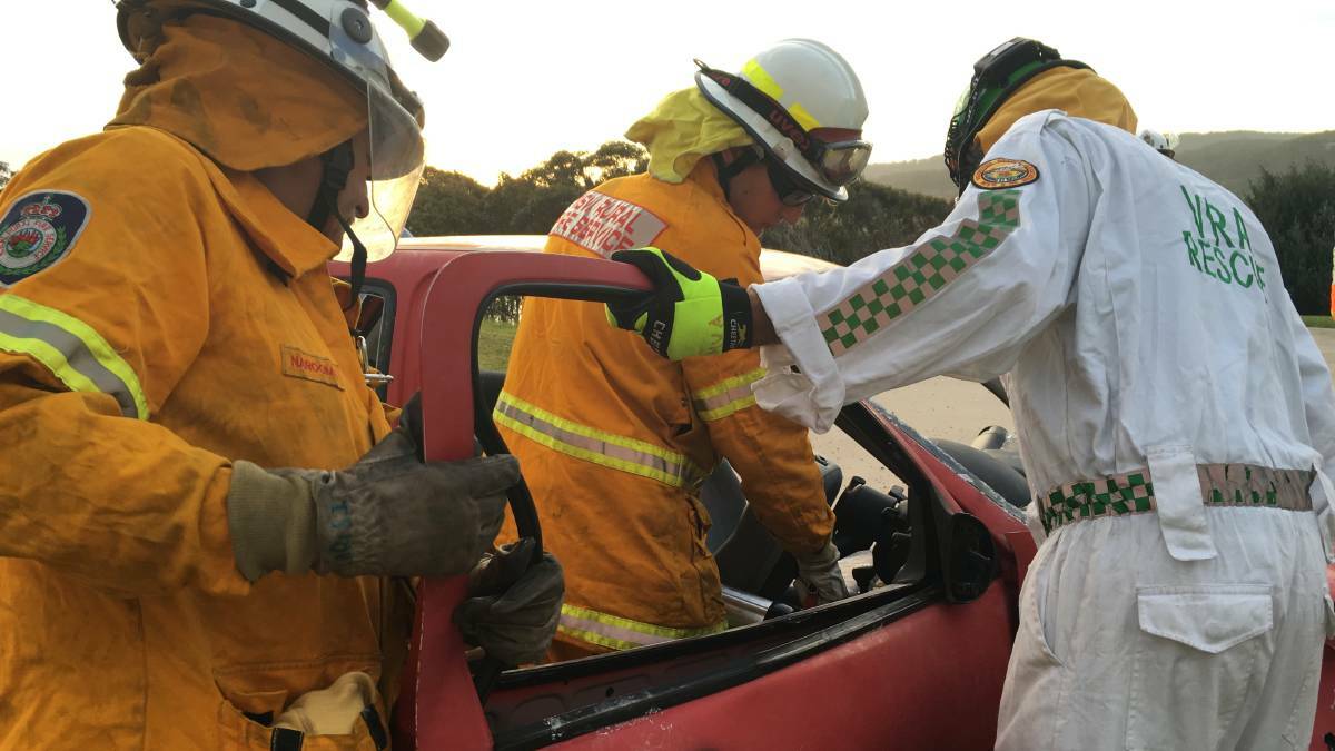 Volunteers from the Narooma VRA rescue squad and RFS brigade recently used the Jaws of Life on a wrecked car in a joint training exercise at the VRA headquarters on the Narooma headland.
