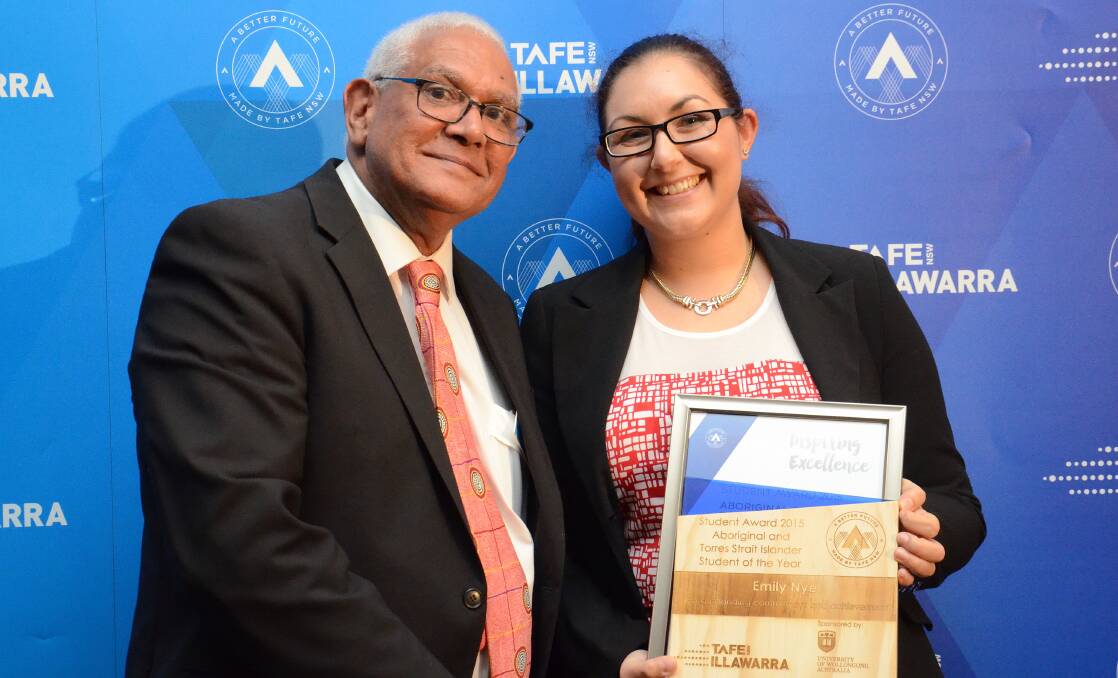 Merv Donovan from TAFE NSW presenting Emily Nye with the TAFE Illawarra Aboriginal and Torres Strait Islander Student of the Year Award