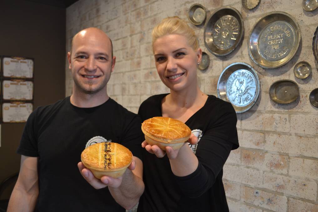 TOP PIE FORM: Fiona and John Cutroni from Southern Pies celebrate after their Bloody Mary beef pie and chicken burrito pie took out silver at the Great Aussie Pie Competition.