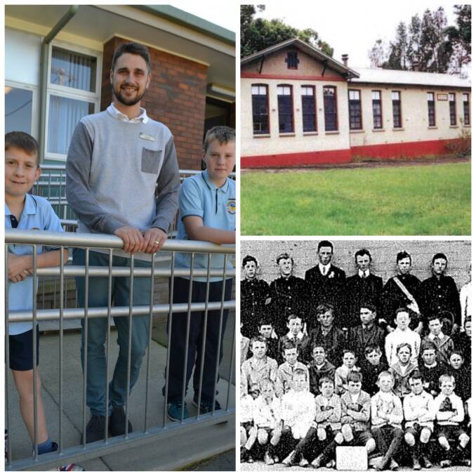 HISTORY: Zander Hardford and Tony Lonsdale with teacher Ben Green. Top right: The school at its former Birriley Street location. Bottom right: The class of 1910.