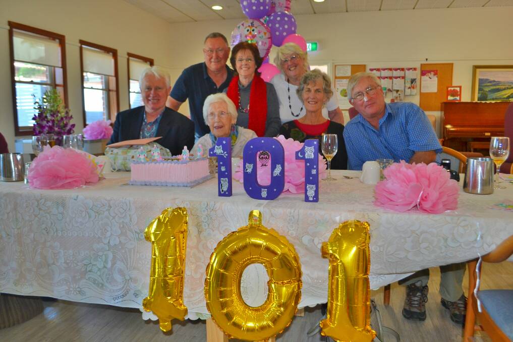 101 CHEERS: Jeffrey James, Owen Miller, Dale O'Connor, Merelyn Miller, Karen Clarkson and Bob Clarkson celebrate with Gwen Loriway (front) on her 101st birthday. 