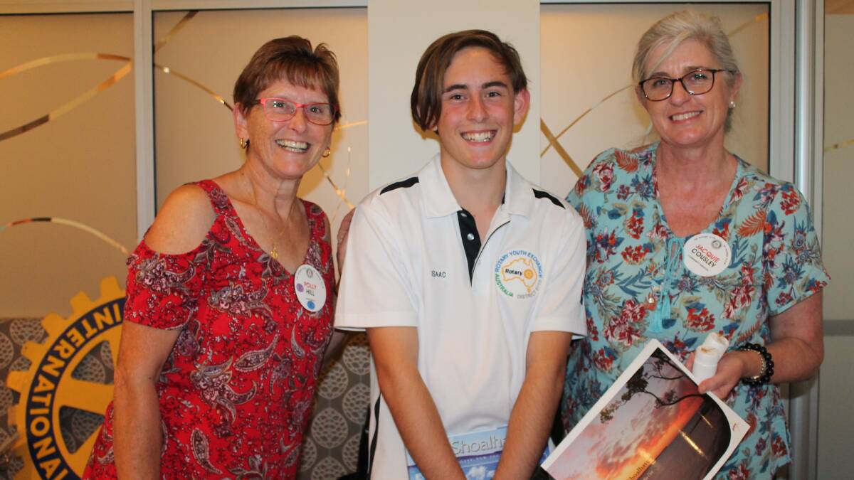 PIECE OF HOME: Rotary Nowra President, Polly Hill and Youth Director Jacquie Cousley present Isaac with memento Kangaroo Pins to present to special people he meets and exchange badges with students from other countries, and a picturesque book of the Shoalhaven to present to the Mayor of Turku as an ambassador for Shoalhaven. Photo contributed. 