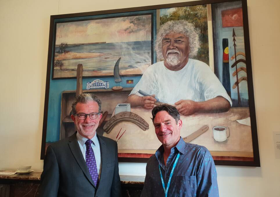 STUNNING: Richard Morecroft and artist Randall Sinnamon whose work depicting Uncle Laddie Timbery has been selected in this year's prestigious Doug Moran Portrait Prize. Photo: supplied. 