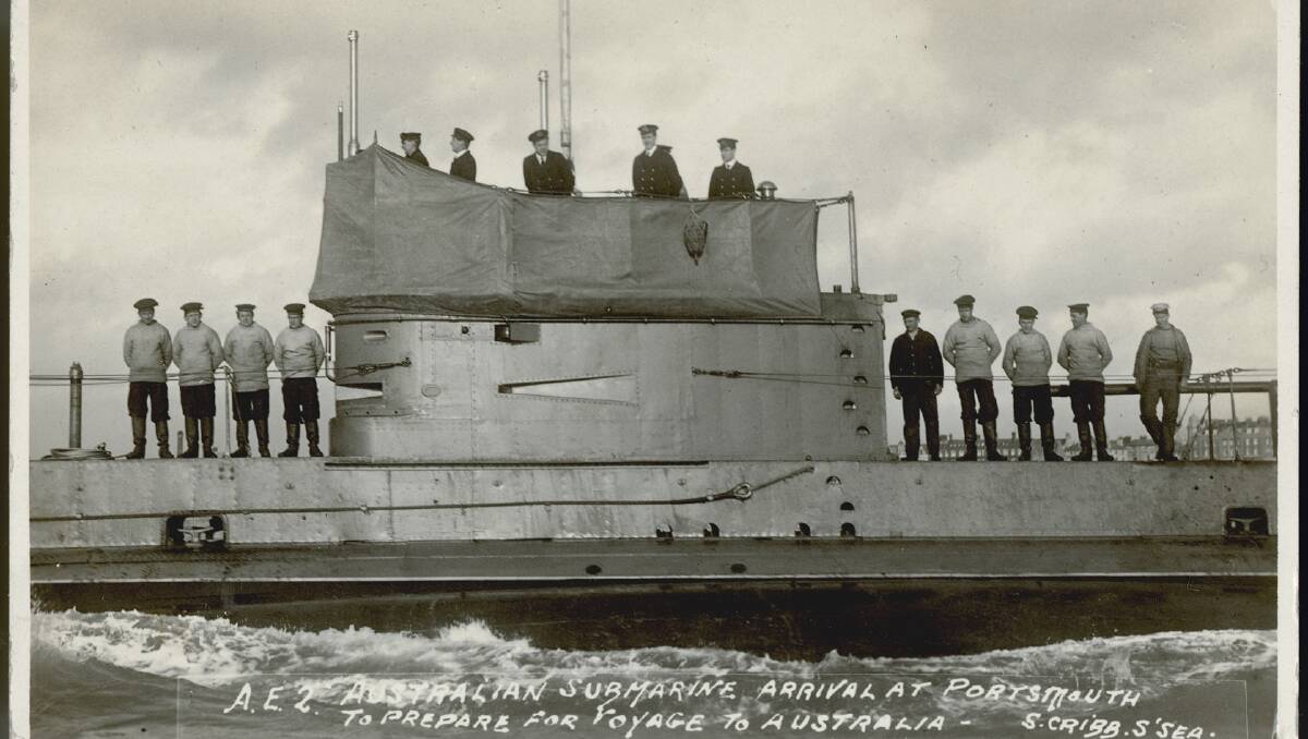 ON DISPLAY: Australian submarine HMAS AE2 with crew on deck at Portsmouth. Source: ANMM Collection