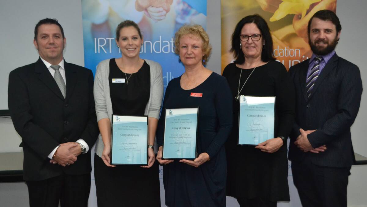 GRANTS: Mark Surace, Regional Manager IRT Communities, Jess McNeill from Cancer Council NSW, Marilyn Mitchell from St Georges Basin Health Transport, Jo Rafferty from CareSouth and Toby Dawson from IRT Foundation.
