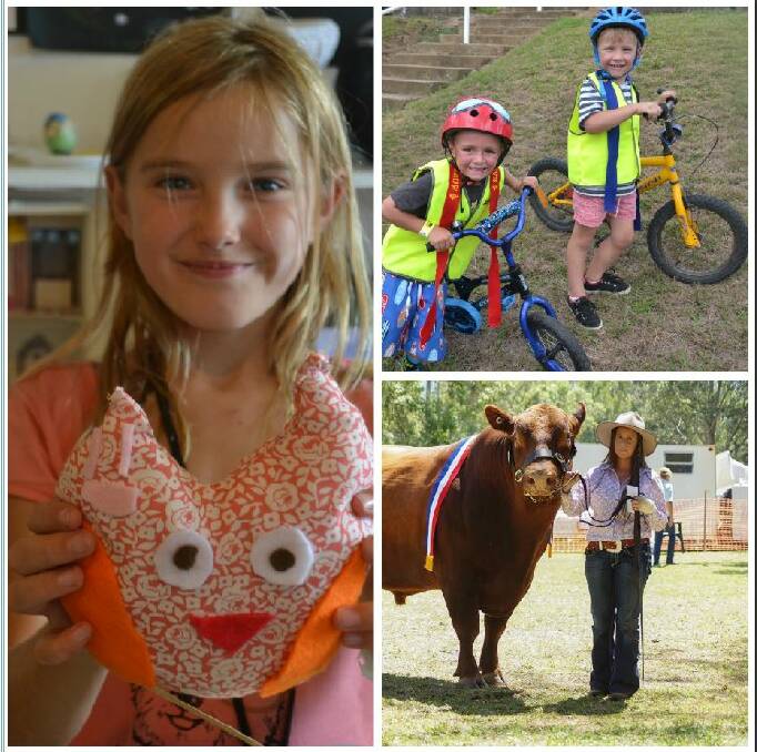 SHOW DAY FUN: Clockwise, left to right: Myaan Schwegler with her handicraft entry in last year's show, Samson Hole and Isaac Grundy all smiles after winning the kid's bike race, and Skye Baxter impresses in the cattle arena. 