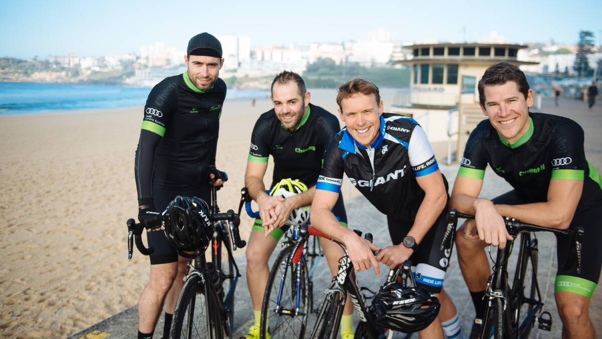 READY TO RIDE: Pierre Sullivan, Nick Young, Andrew Reid from Bondi Rescue who will be one of the Home Instead Bondi2Berry ambassadors and James Trude set to take on the 150 kilometre ride to raise awareness and funds to find a cure for dementia. Photo: Paul McMillan.