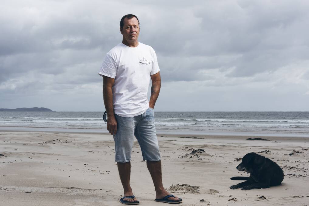 Bite Club founder Dave Pearson at the NSW Mid-North Coast hamlet of Crowdy Head, where he was attacked by a shark in 2011. Photo: James Brickwood
