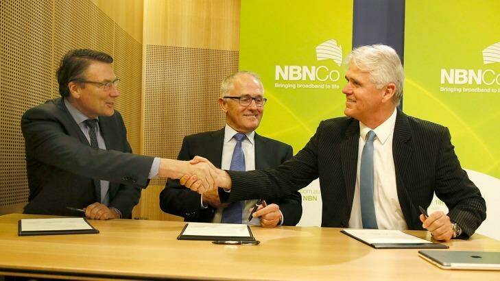 Telstra's David Thodey, Communications Minister Malcolm Turnbull, and NBN's Bill Morro. Photo: Michele Mossop