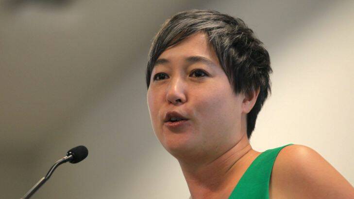 SYDNEY, AUSTRALIA - MARCH 15: NSW Greens candidate Jenny Leong addresses the crowd at today's lauch of the NSW Greens Satet election campaign at the UTS on March 15, 2015 in Sydney, Australia.  (Photo by James Alcock/Fairfax Media) *** Local Caption *** Jenny Leong