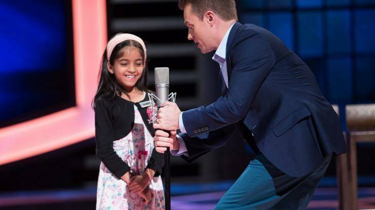 Grant Denyer prepares Harpita for her turn on Channel Ten's <i>The Great Australian Spelling Bee</i>. Photo: Supplied