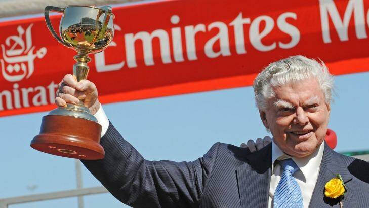 Number 12: Bart Cummings with the Melbourne Cup after Viewed's win in 2008. Photo: Vince Caligiuri