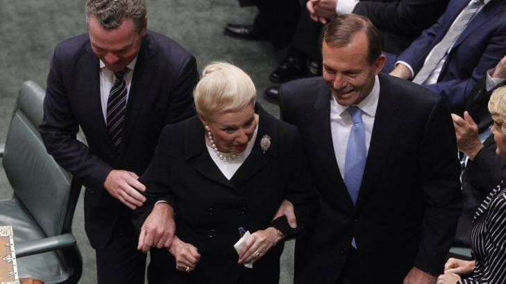 Bronwyn Bishop is dragged to the Speaker's chair by Prime Minister Tony Abbott and Christopher Pyne after the 2013 election.  Photo: Andrew Meares