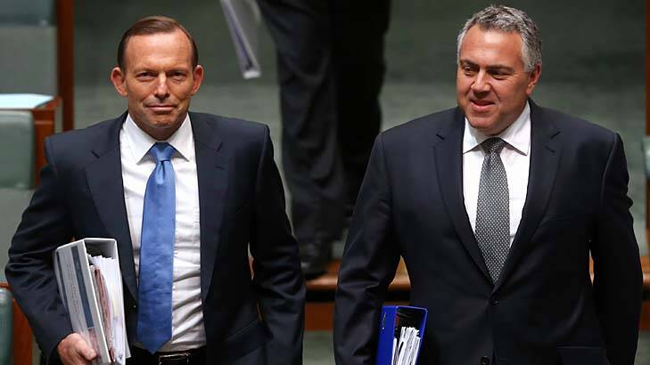All smiles: Tony Abbott and Treasurer Joe Hockey on Thursday. Photo: Alex Ellinghausen