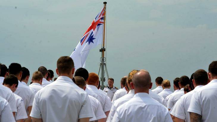 The crew of HMAS Perth III remember those who died on board HMAS Perth (I) and the USS Houston at Tuesday's event. Photo: Jefri Tarigan