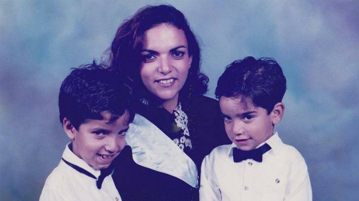 Anne Aly with her sons Adam (left) and Karim (right) at her graduation for her masters in 1995. Photo: supplied
