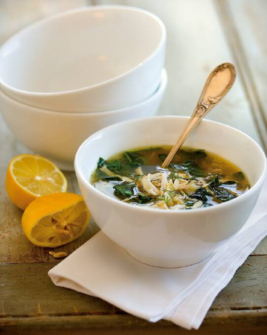 Chicken and spinach orzo soup <a href="http://www.goodfood.com.au/good-food/cook/recipe/chicken-and-spinach-orzo-soup-20131031-2wkaf.html"><b>(recipe here).</b></a>