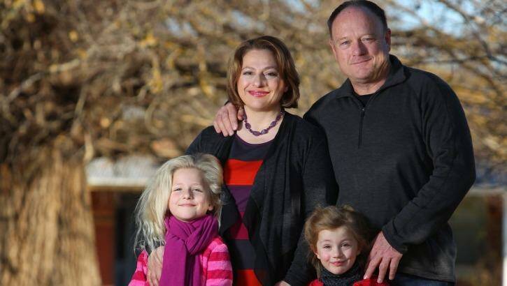 Sophie Mirabella on Monday with her husband, Greg, and their daughters Alexandra and Katerina at their Wangaratta home. Photo: Matthew Smithwick/ Border Mail