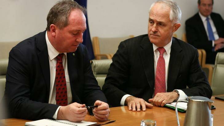 Barnaby Joyce, left, and Malcolm Turnbull appear to be divided over a proposed iron ore tax. Photo: Alex Ellinghausen