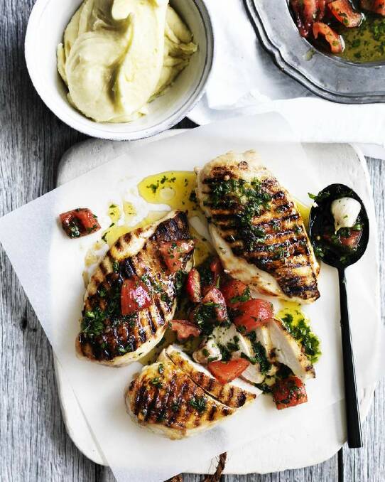 Neil Perry's barbecued chicken breast with sauce vierge and potato puree <a href="http://www.goodfood.com.au/good-food/cook/recipe/barbecued-chicken-breast-with-sauce-vierge-and-potato-puree-20140211-32f78.html"><b>(recipe here).</b></a> Photo: William Meppem