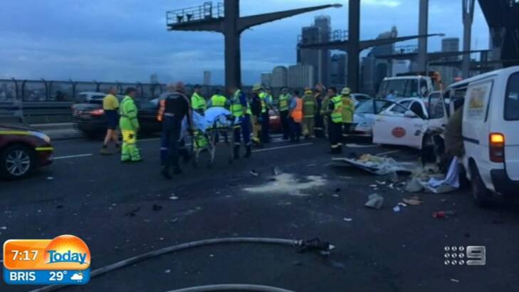The scene of the crash on the Harbour Bridge on Wednesday morning. Photo: Channel Nine