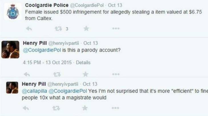Tweet from the Coolgardie police, WA, after a woman was issued with a $500 fine for stealing a $6.75 packet of tampons. Photo: Supplied