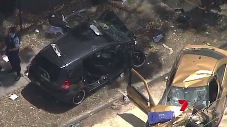 A woman died in this car crash at Cabramatta on Wednesday.  Photo: Seven News Sydney