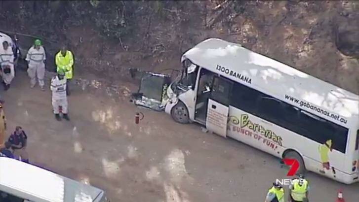 A damaged bus at the scene of an accident in the Blue Mountains on Thursday. Photo: Seven News