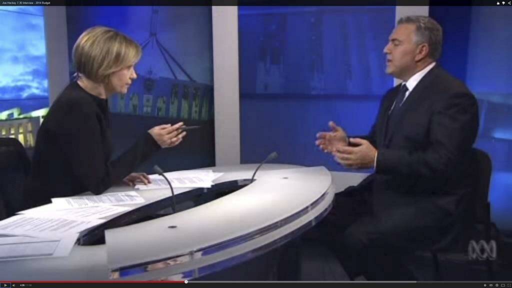 Sarah Ferguson interviews Treasurer Joe Hockey on the 7.30 program on budget night. Photo: ABC 7.30