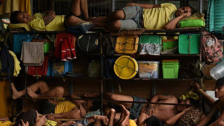 Prisoners sleep in a classroom in Quezon city jail. Photo: Kate Geraghty