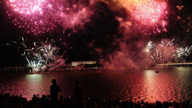News: The Australia Day fireworks on the shores of Lake Burley Griffin in Canberra. 26th January 2015. Phoot by Melissa Adams of The Canberra Times.