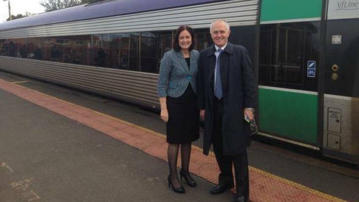 Liberal MP Sarah Henderson and Malcolm Turnbull in Geelong on Wednesday morning.  Photo: Twitter