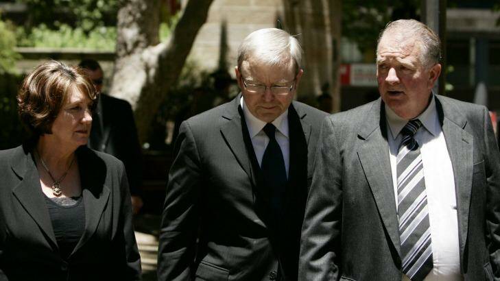 Prime minister Kevin Rudd, walks with Marjorie and John Worsley following the funeral for their son Luke in 2007. Photo: Nic Walker