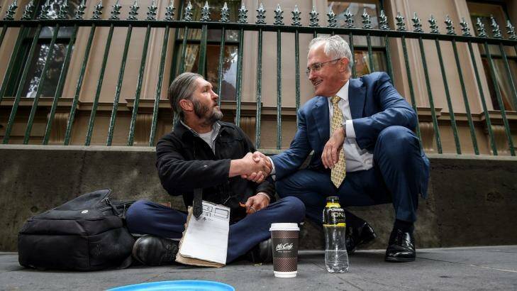 Prime Minister Malcolm Turnbull with homeless man Kent Kerswell in January. Photo: Justin McManus