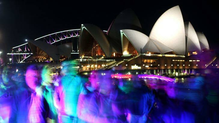 Circular Quay is bathed in light during the last week of the Vivid festival in Sydney:  Photo: James Alcock