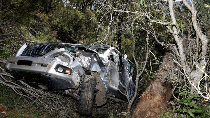 The crumpled car rolled several times until it came to rest next to a tree. Photo: Peter Lorimer